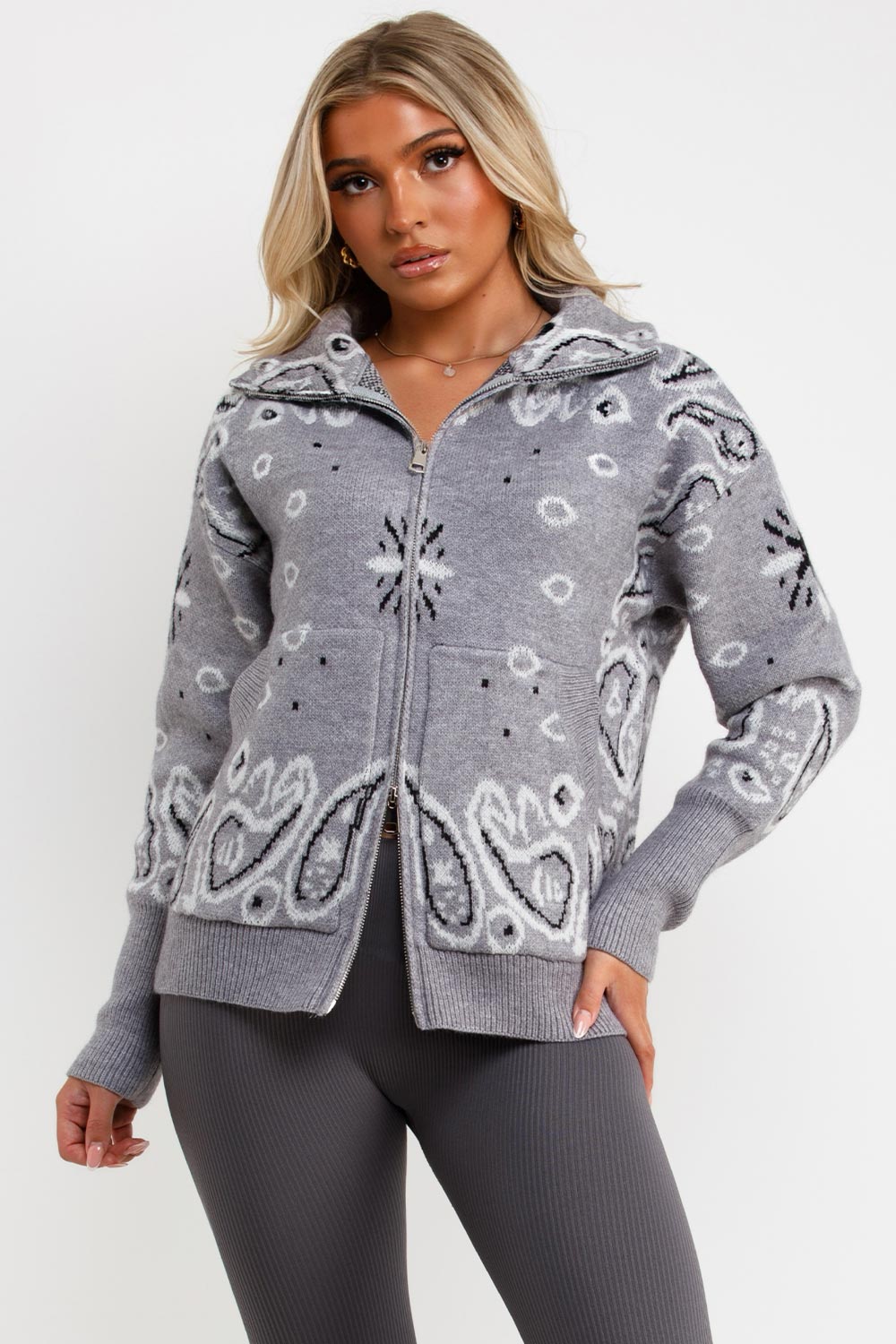 womens paisley long sleeve knitted jumper cardigan with double zip styledup uk
