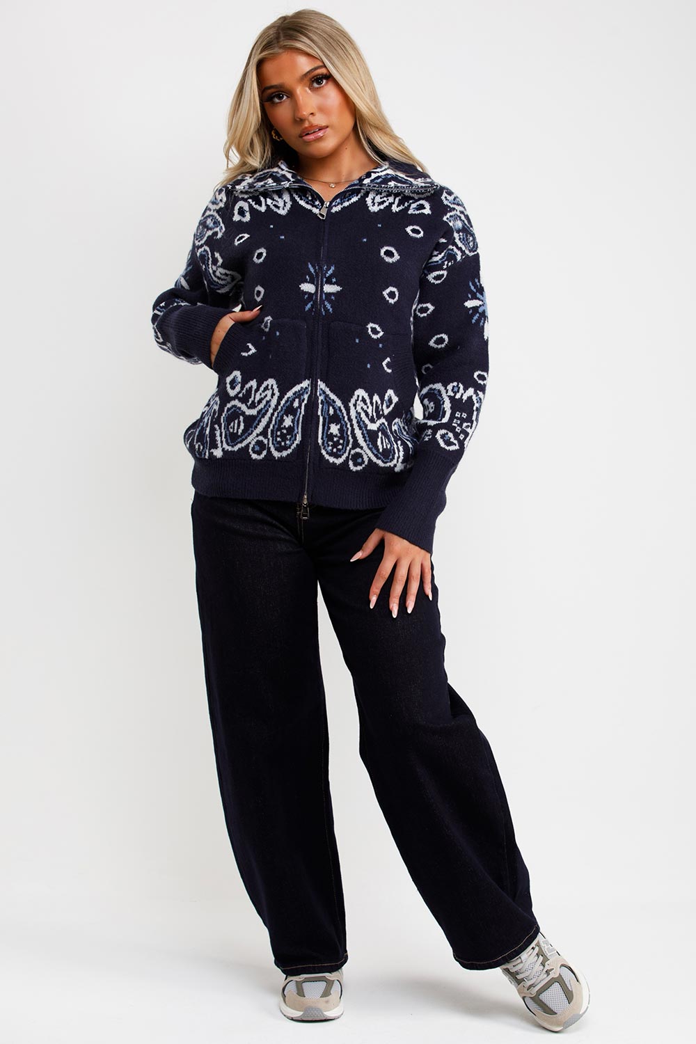 womens paisley long sleeve knitted jumper cardigan with double zip styledup uk