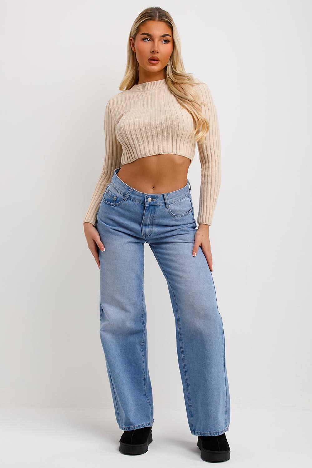 womens crop ribbed knitted jumper with long sleeves