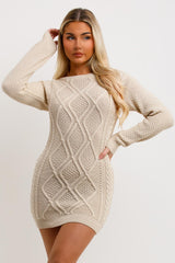 beige cable knit long sleeve jumper dress