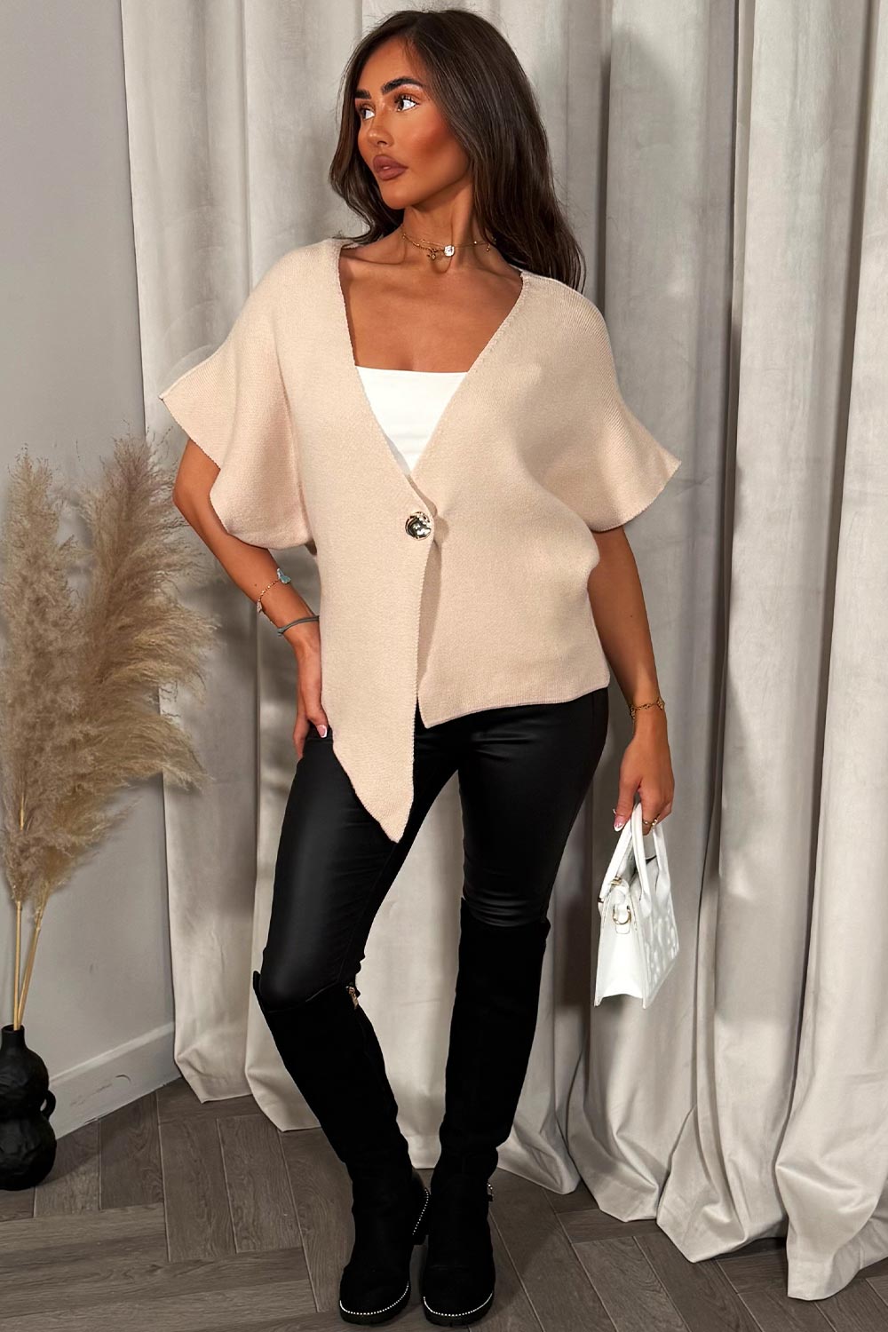 womens gold button knitted cape cardigan christmas outfit styledup