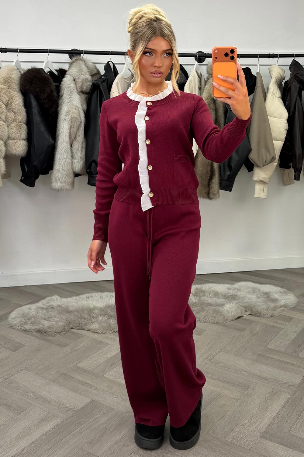 gold button knitted jumper top and trousers two piece co ord set occasion christmas party holiday outfit for winter uk