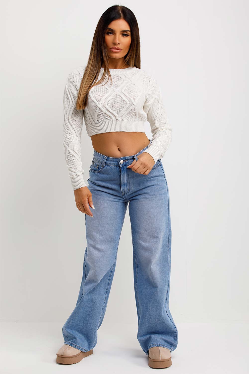 white cable knit jumper cropped long sleeve knitted top