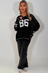 long sleeve v neck fishnet knitted jumper with boston slogan for womens casual outfit 