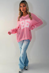 long sleeve v neck fishnet knitted jumper with boston slogan for womens casual outfit 