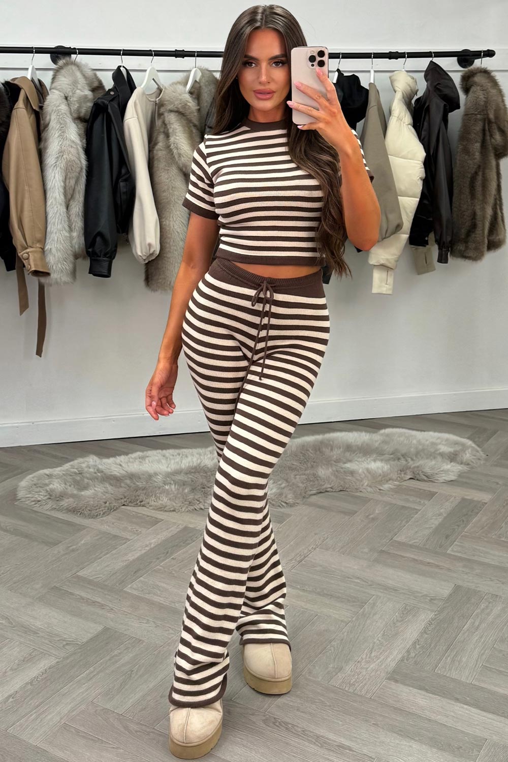 knitted loungewear set for womens with brown contrast stripes styledup uk