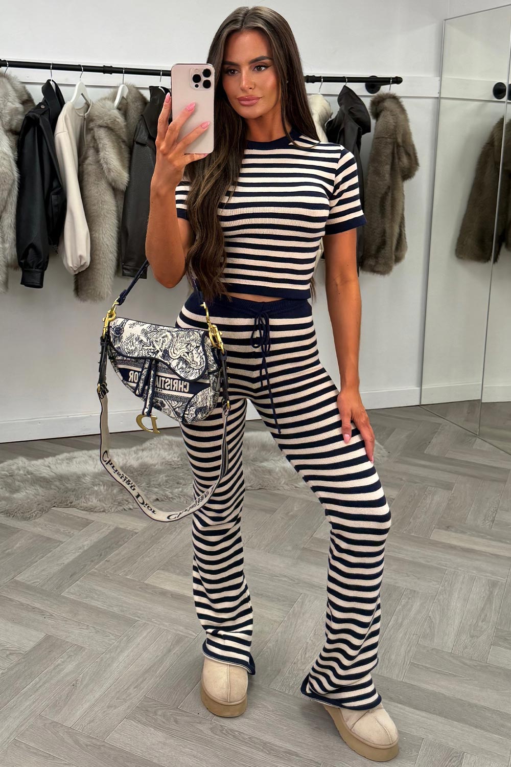 navy striped knitted loungewear co ord set casual every day outfit for womens uk