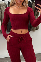 womens ribbed wide leg trousers and long sleeve crop top two piece loounge set zara uk