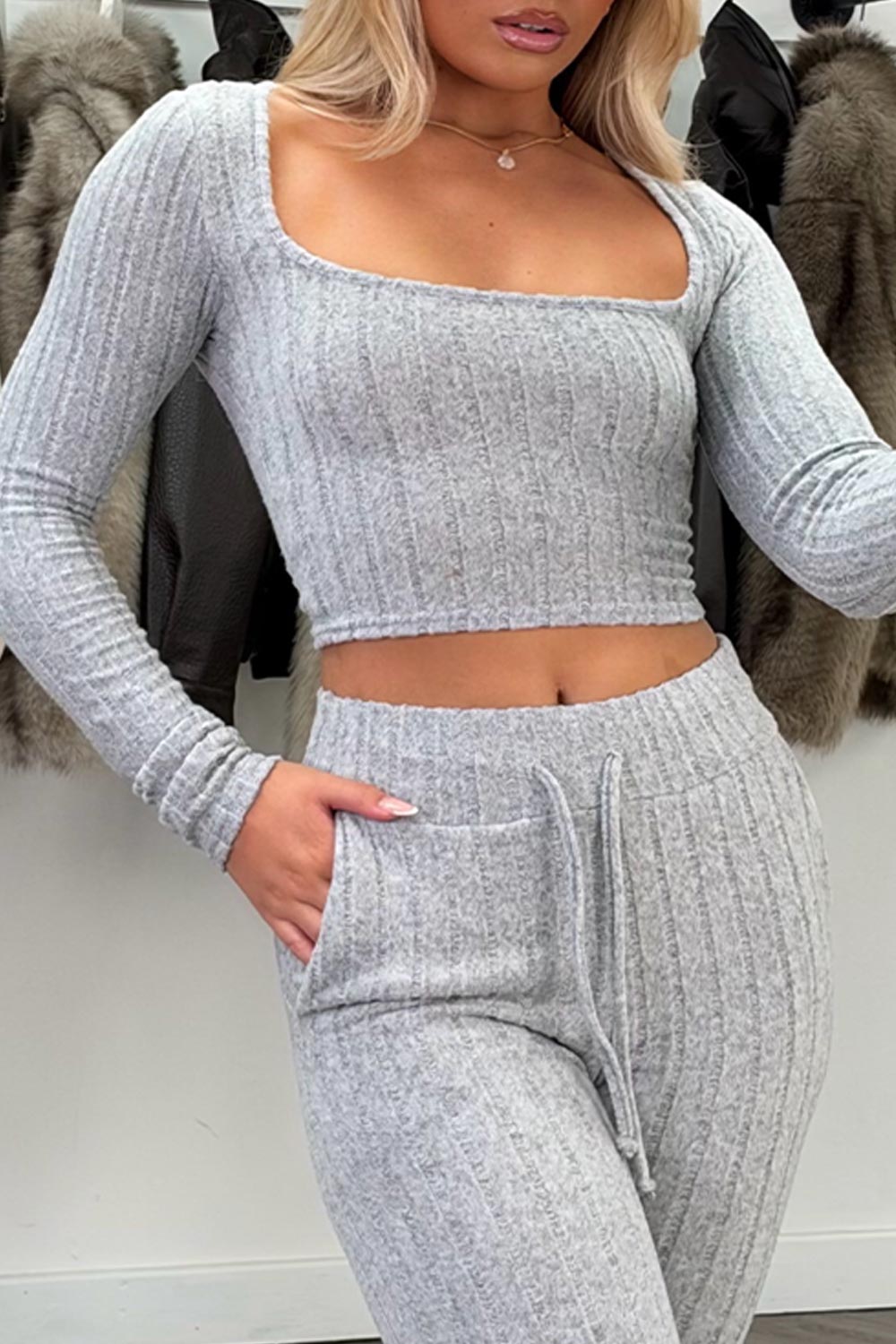 womens ribbed long sleeve crop top and wide leg loungewear co ord set styledup uk
