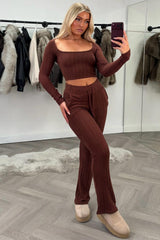 womens ribbed wide leg trousers and long sleeve crop top two piece loounge set zara uk