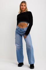 knitted crop jumper with blanket stitches 