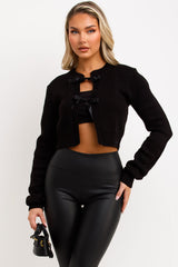 knitted cardigan with satin bow tie front christmas party outfit styledup