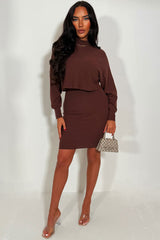 brown knitted jumper dress with long batwing sleeves two piece christmas party outfit styledup