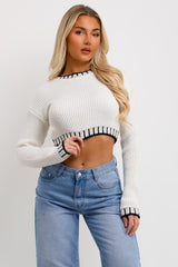 white crop knitted jumper with long sleeves  blanket stitches detail