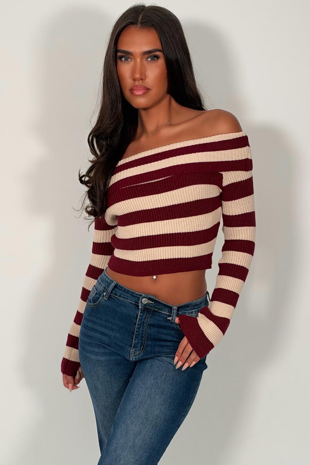 long sleeve crop knitted jumper striped off shoulder neckline womens stradivarius uk