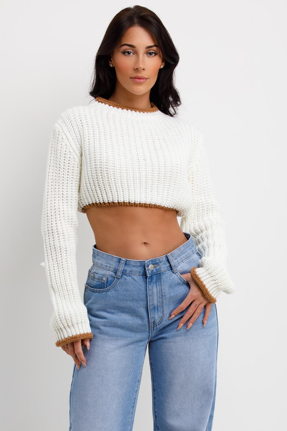 cream crop knitted jumper with long sleeves