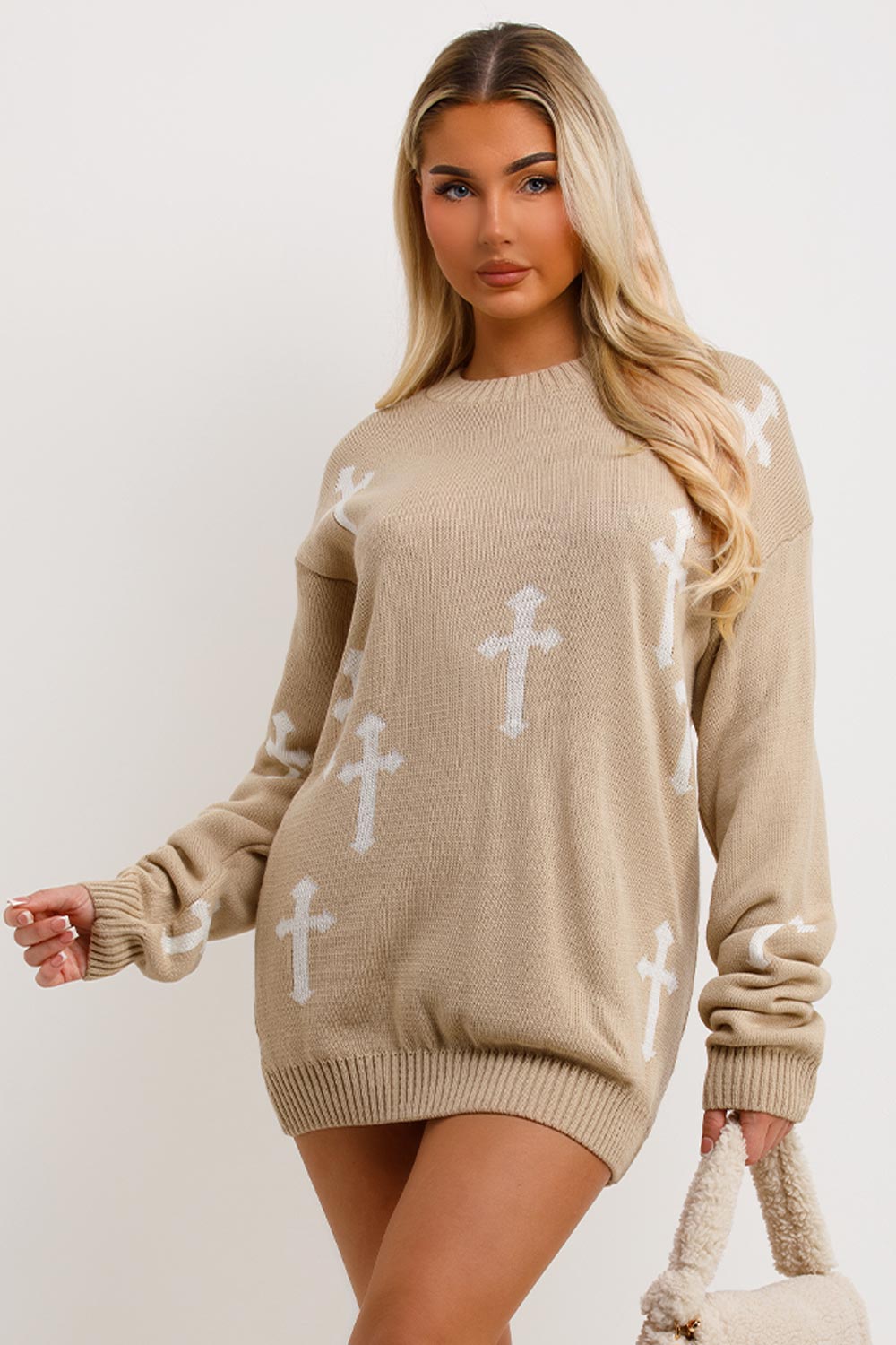 womens jumper dress with long sleeves crosses pattern