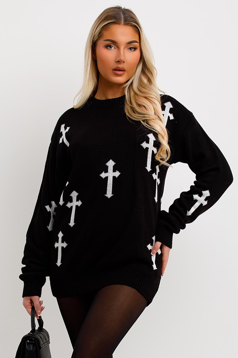 jumper dress with crosses long sleeve knitted winter going out outfit