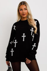 womens long sleeve knitted jumper dress with crosses 