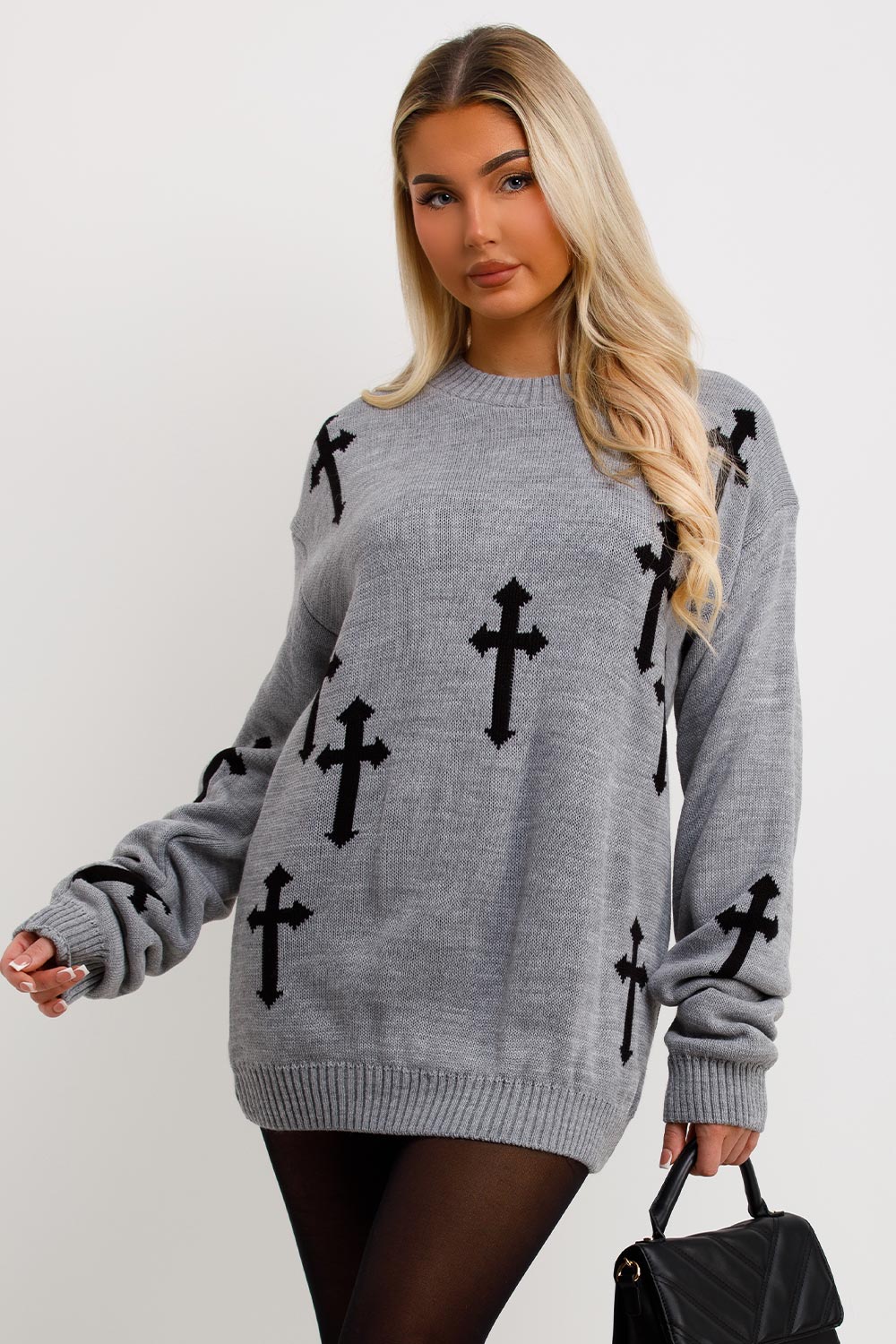 womens jumper dress with long sleeves and crosses pattern