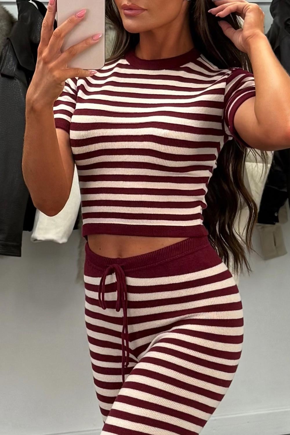 womens knitted crop top and trousers co ord set burgundy striped uk