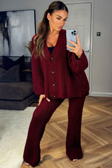 knitted button front oversized cardigan and trousers co ord set burgundy