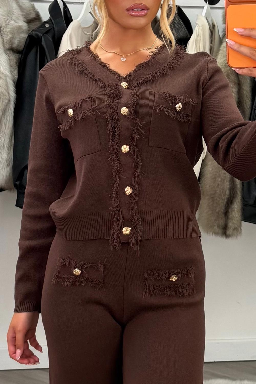knitted jumper with gold buttons and trousers two piece set styledup uk