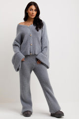 womens knitted cardigan and trousers co ord lounge set grey