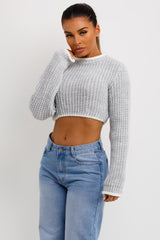 womens knitted cropped long sleeve top with contrast edges