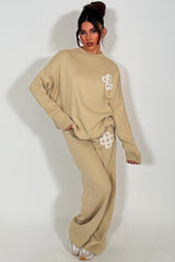 knitted sweatshirt and knitted trouser womens lounge set with contrast emblem couture club uk