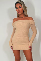 long sleeve knitted jumper dress with off shoulder neckline styledup