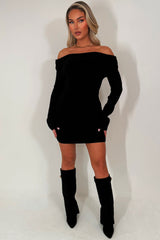 long sleeve knitted jumper dress with off shoulder neckline styledup