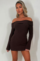 long sleeve knitted jumper dress with off shoulder neckline