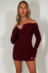 long sleeve knitted jumper dress with off shoulder neckline styledup