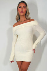 knitted long sleeve jumper dress with off shoulder neckline