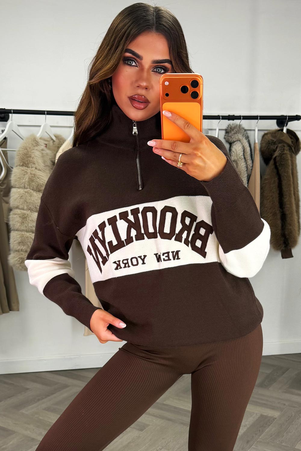 womens half zip knitted jumper brown