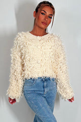 womens knitted cardigan jumper shaggy loop fringes christmas market outfit 