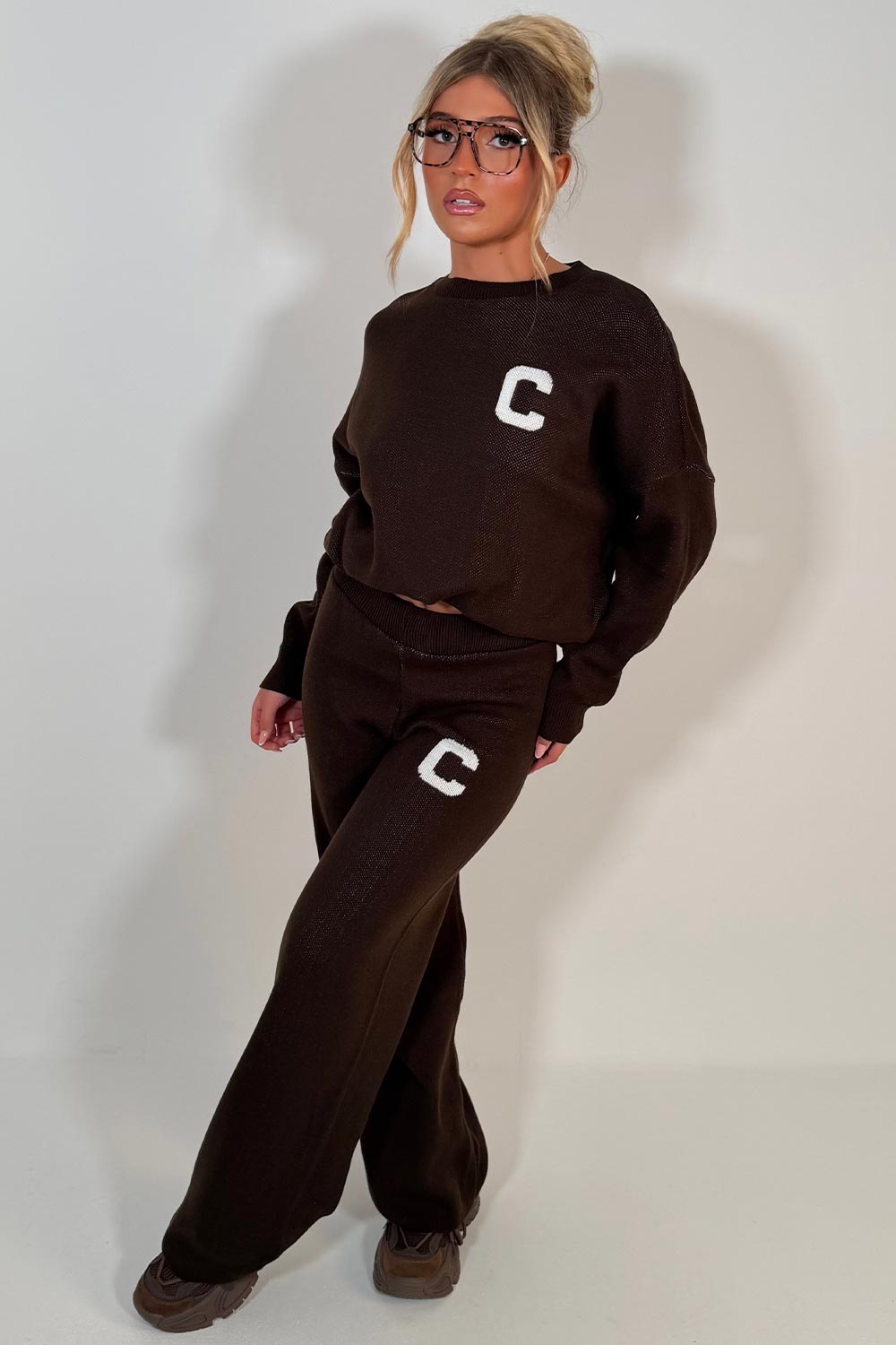 womens knitted sweatshirt jumper and knitted trouser lounge set couture club uk sale