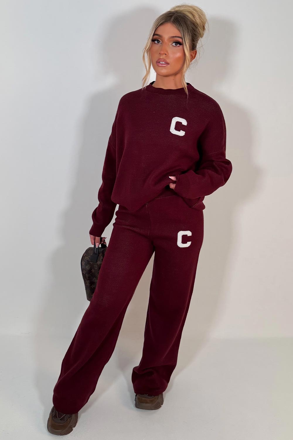 knitted loungewear co ord set burgundy womens couture club 