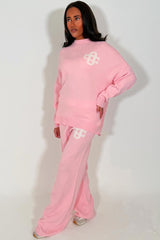 womens knitted loungewear set pink couture club contrast emblem co ord 