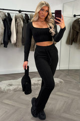 womens black long sleeve ribbed loungewear co ord set styledup uk