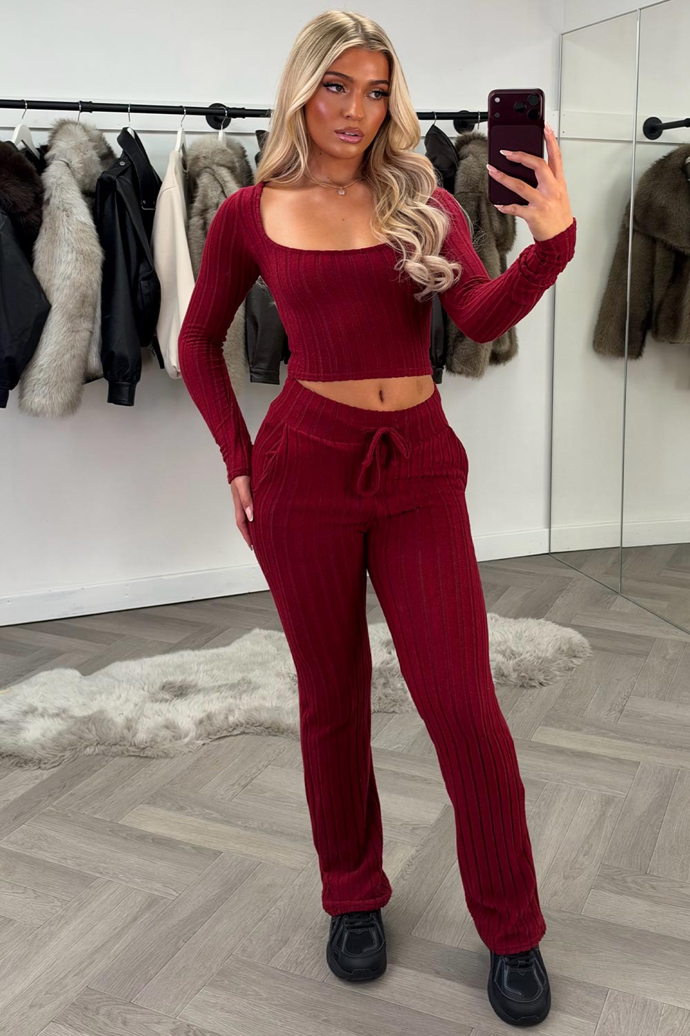 womens burgundy long sleeve ribbed loungewear co ord set styledup uk