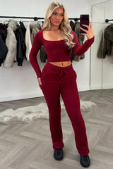 womens burgundy long sleeve ribbed loungewear co ord set styledup uk