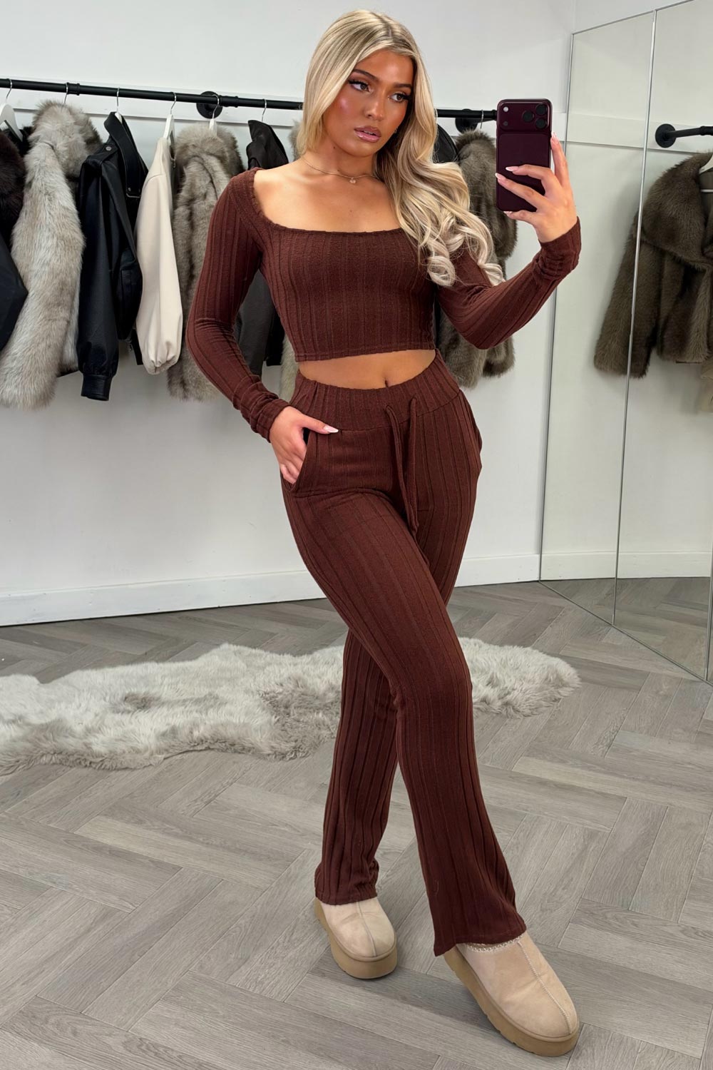 zara womens long sleeve ribbed crop top and wide leg trousers two piece loungewear co ord set styledup uk