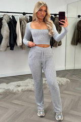 womens long sleeve crop top and wide leg trousers two piece lounge set styledup uk