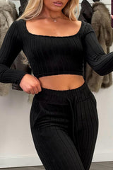 womens ribbed long sleeve crop top and wide leg loungewear co ord set styledup uk