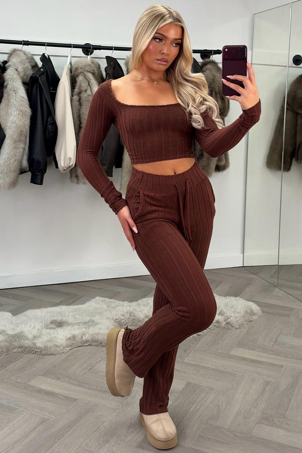 long sleeve ribbed loungewear co ord set 
