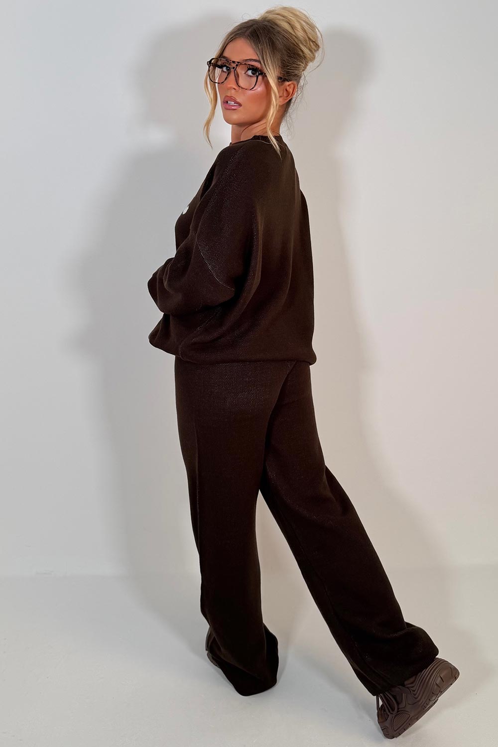 brown knitted lounge set couture club womens uk