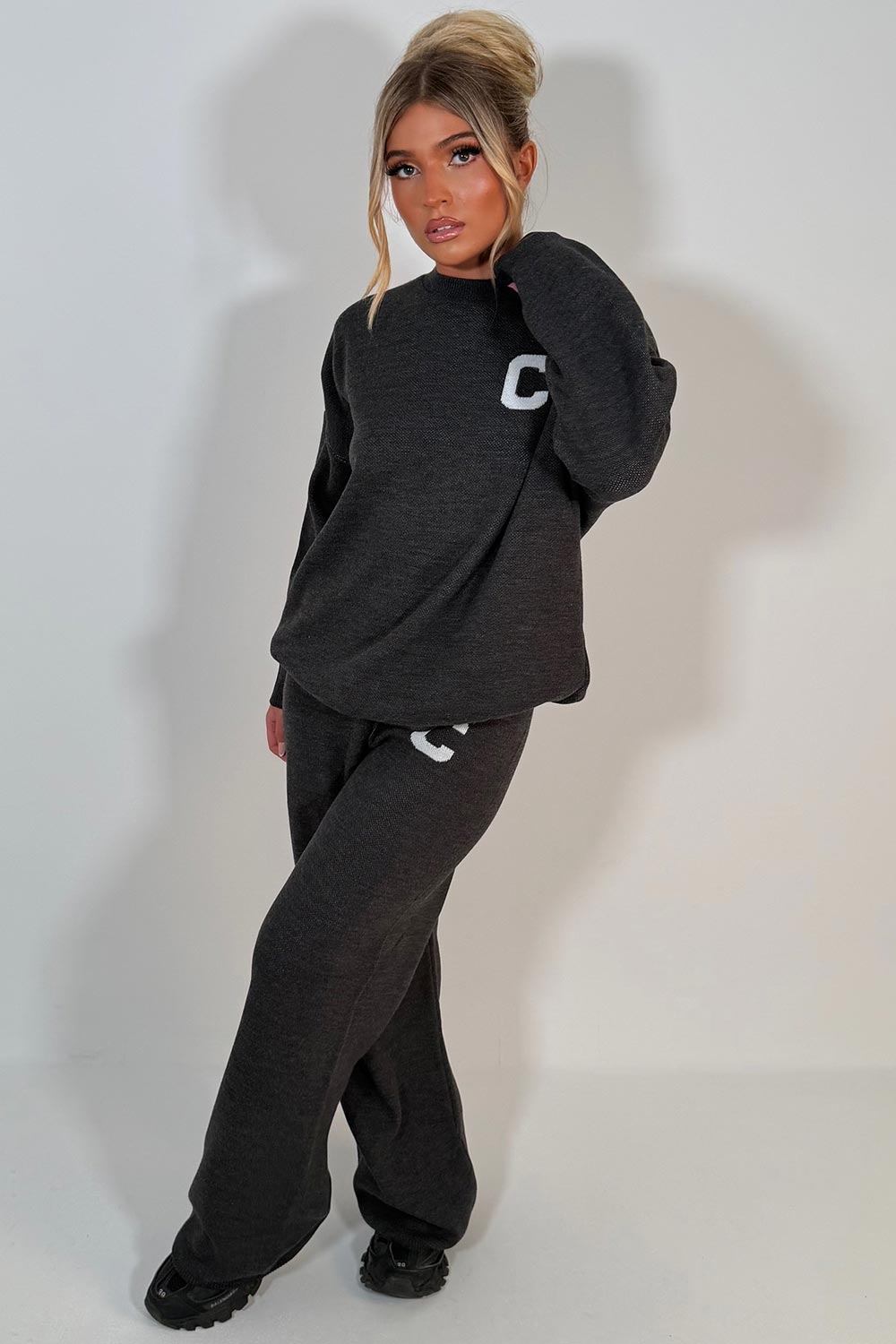 womens knitted sweatshirt jumper and knitted trouser lounge set couture club uk sale