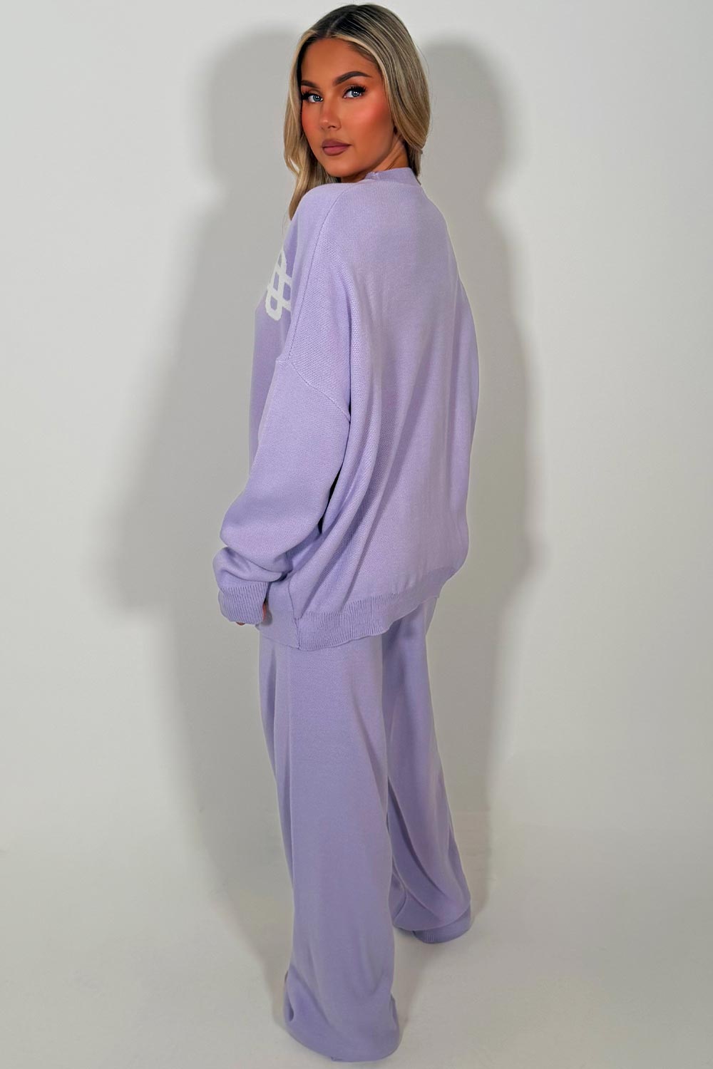 knitted sweatshirt and knitted trouser womens lounge set with contrast emblem couture club uk